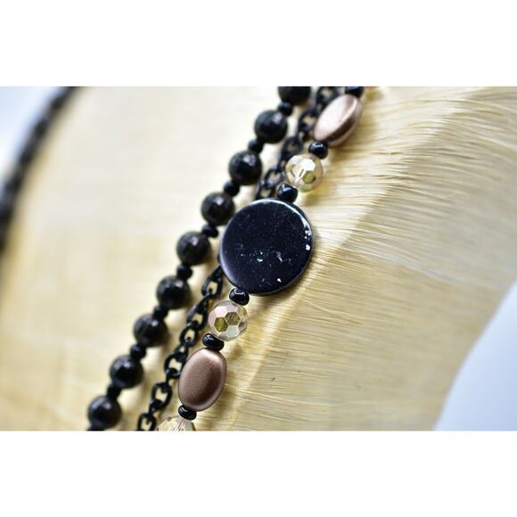 CG Statement Necklace Black Beaded Bronze Faux Crystal Triple Strand Shiny Bin5 - Picture 12 of 12
